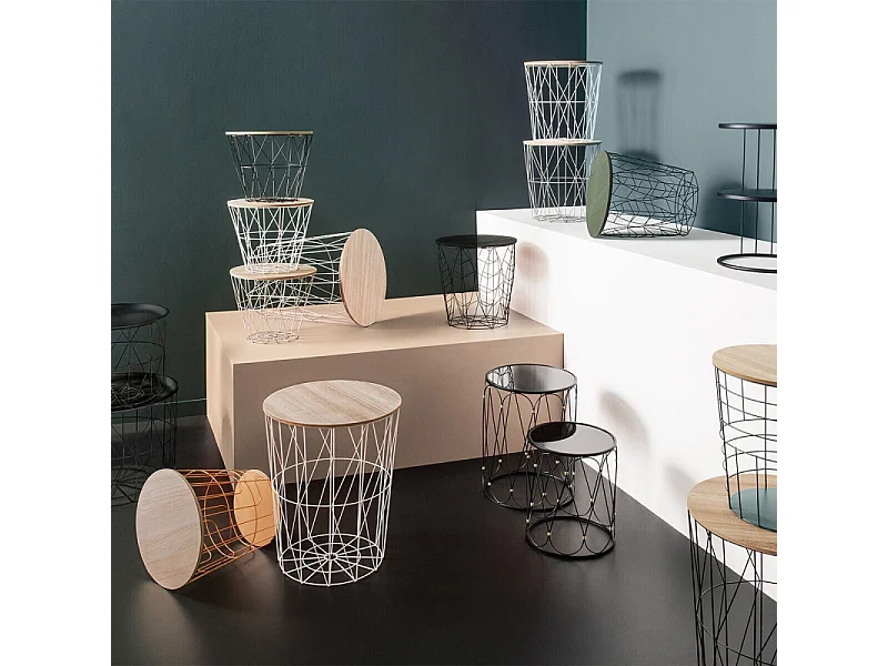 Table à café en métal blanc et plateau en Bois H 30.5 cm