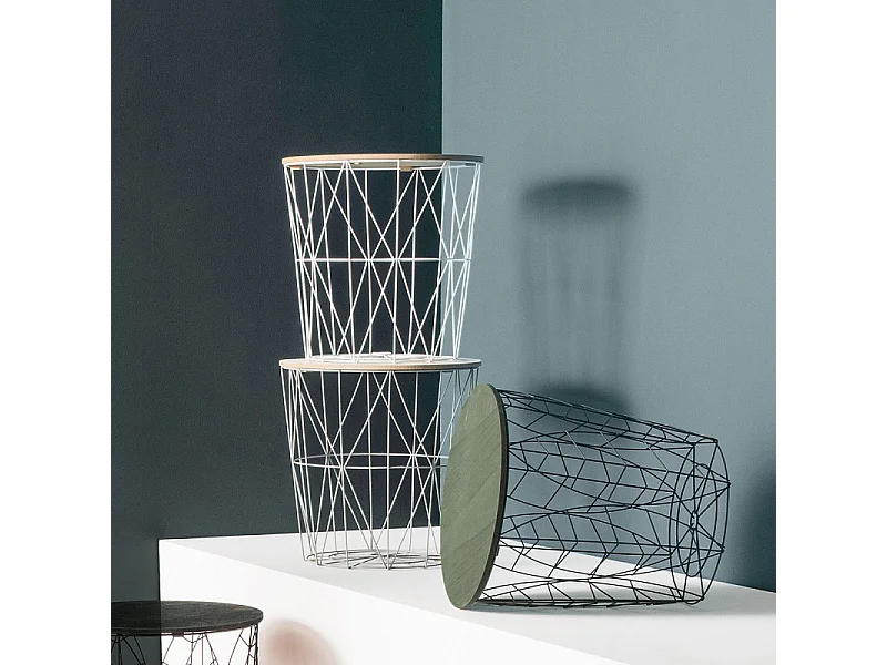 Table à café en métal blanc et plateau en Bois H 41 cm