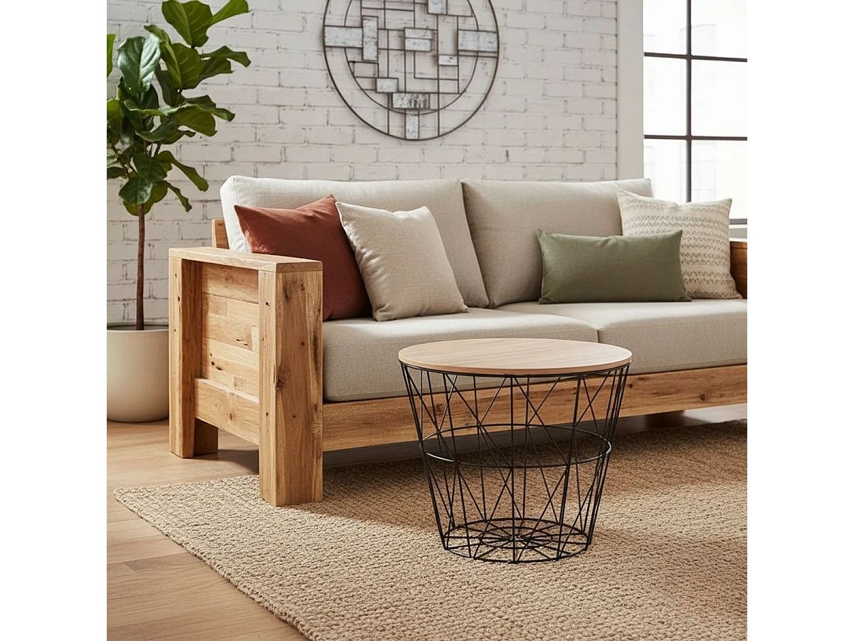 Table à café en métal noir et plateau en Bois H 30.5 cm