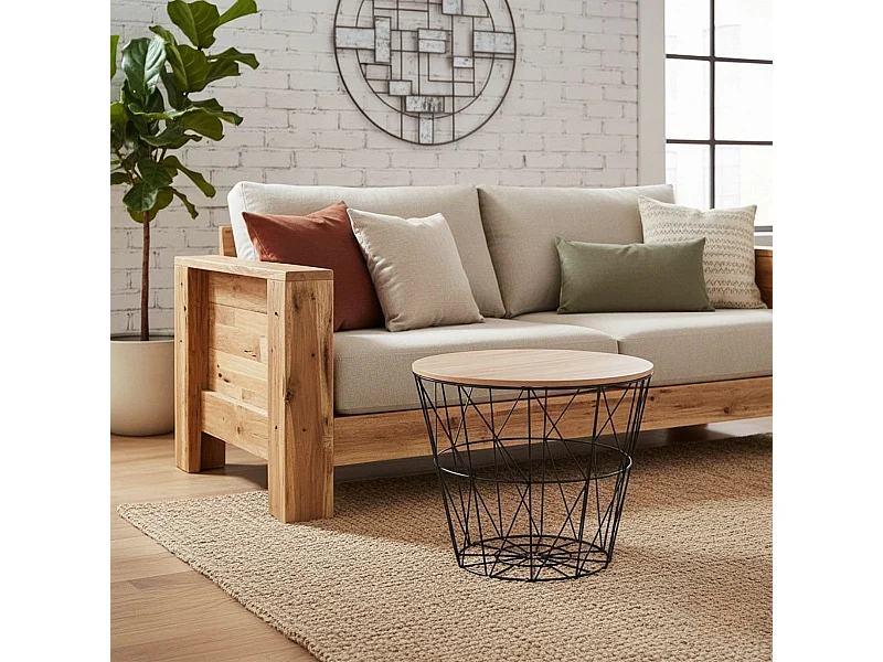 Table à café en métal noir et plateau en Bois H 30.5 cm