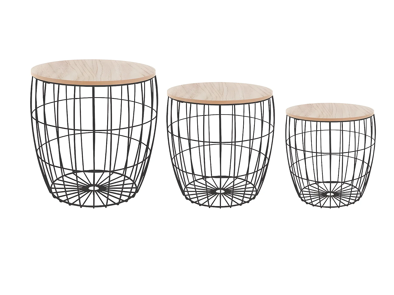 Lot de 3 tables à café en bois clair et métal noir