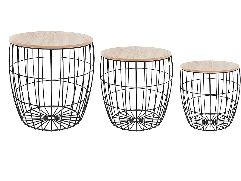 Lot de 3 tables à café en bois clair et métal noir