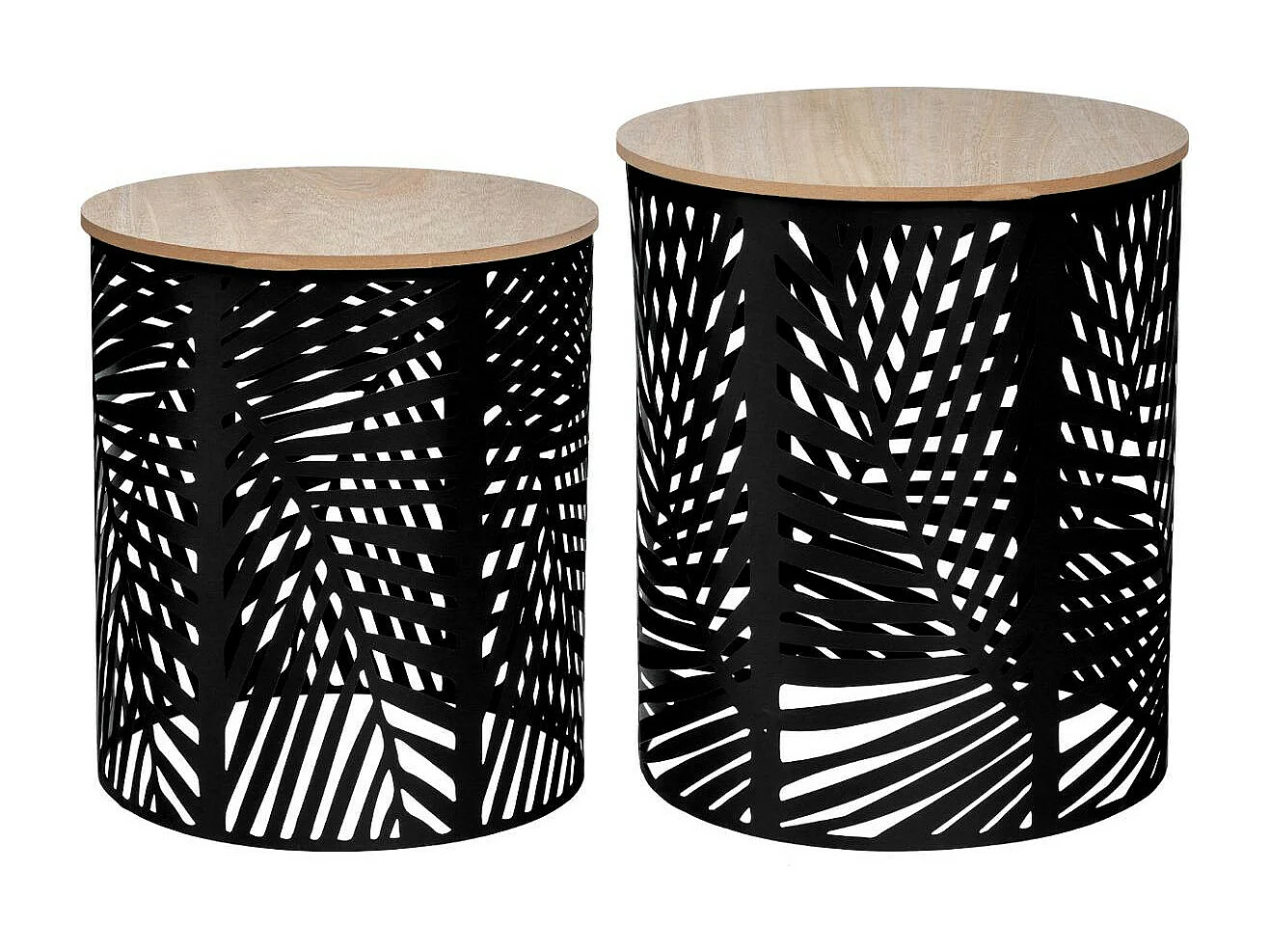 Lot de 2 Tables à café en métal feuilles noires et plateau en Bois