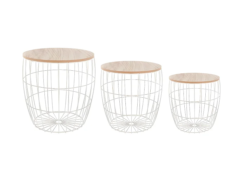 Lot de 3 tables à café en bois clair et métal blanc