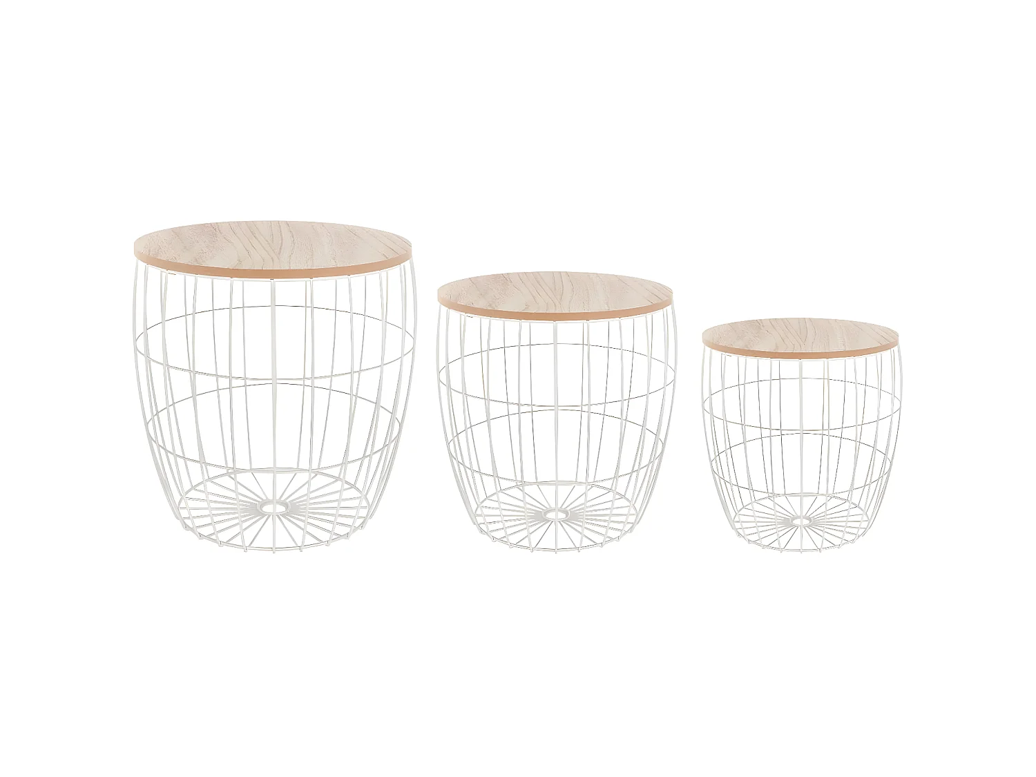 Lot de 3 tables à café en bois clair et métal blanc