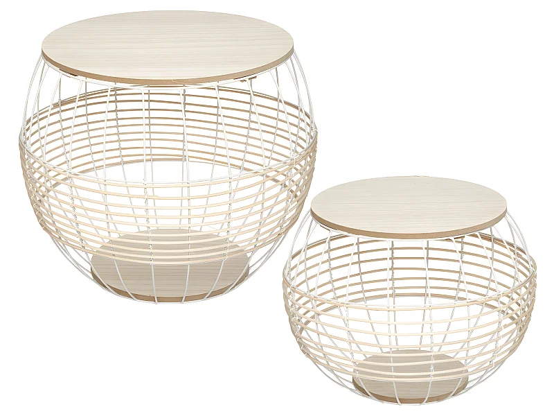 Lot de 2 Tables à café en Métal Blanc et Rotin