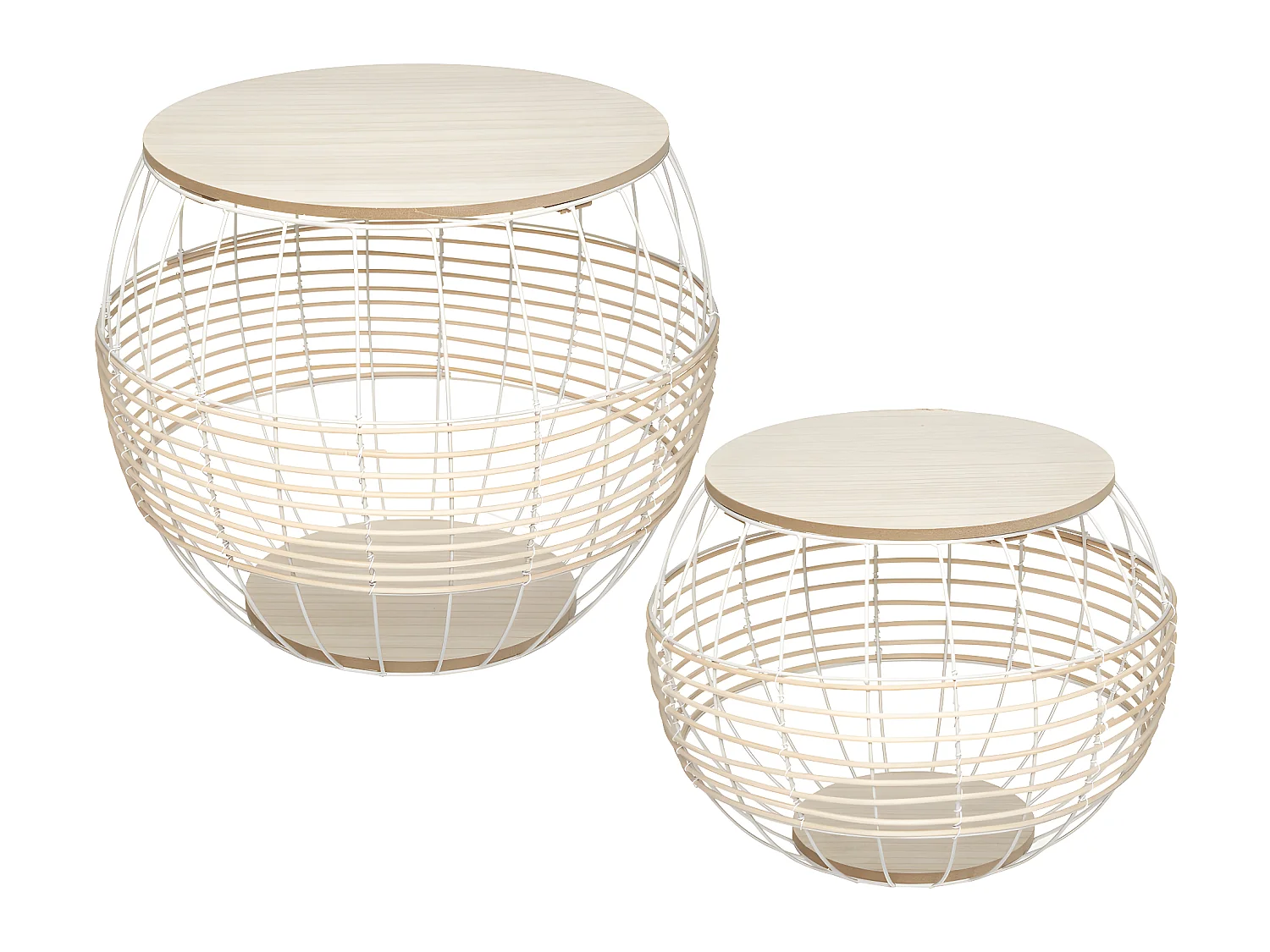 Lot de 2 Tables à café en Métal Blanc et Rotin