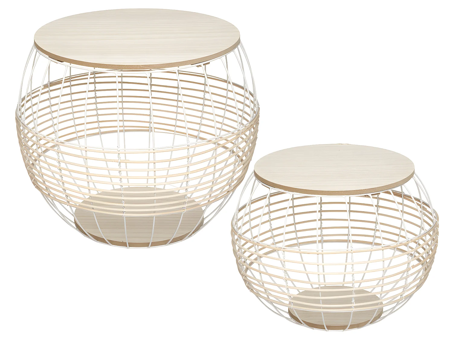 Lot de 2 Tables à café en Métal Blanc et Rotin