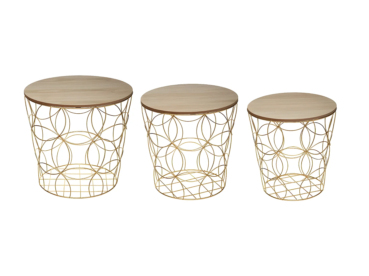 Set de 3 Tables d'appoint en Métal doré et Bois de Paulownia