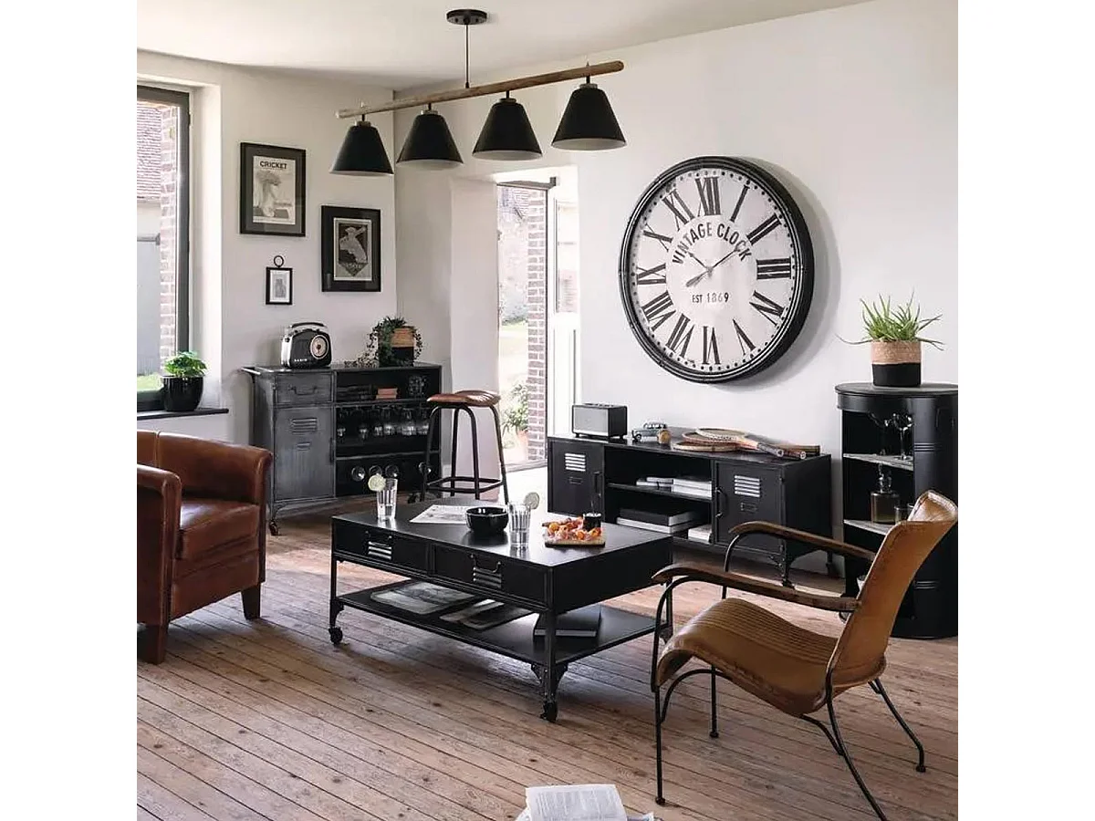 Table à café en Métal Noir et Bois D 50 x H 92 cm