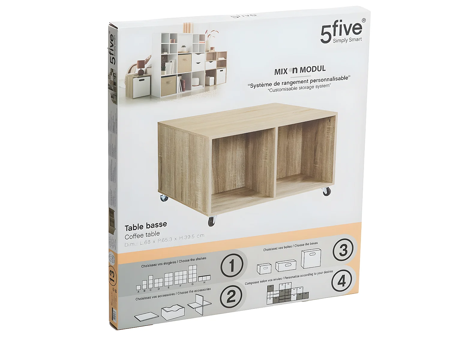 Table Basse en bois naturel 4 cases sur roues