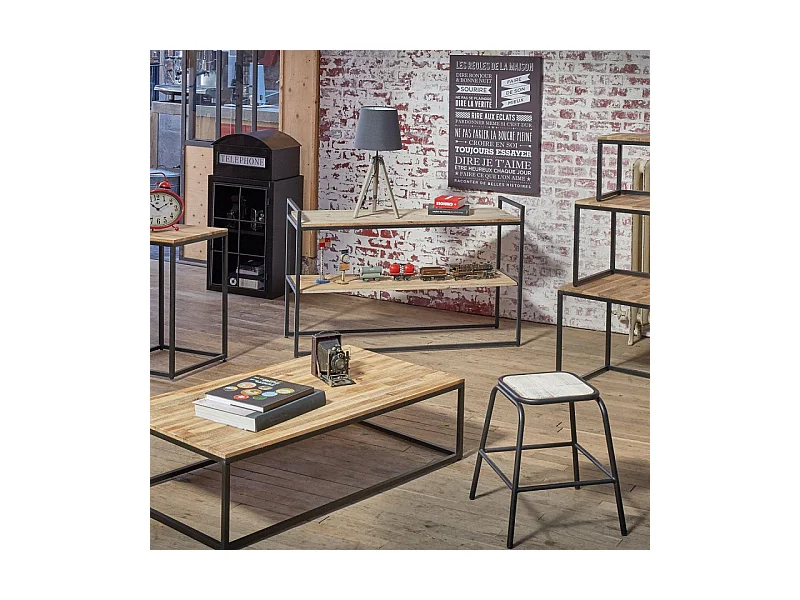 Table basse style industriel en Bois d' Acacia et Métal Noir 115 x 65 x H 32.5 cm