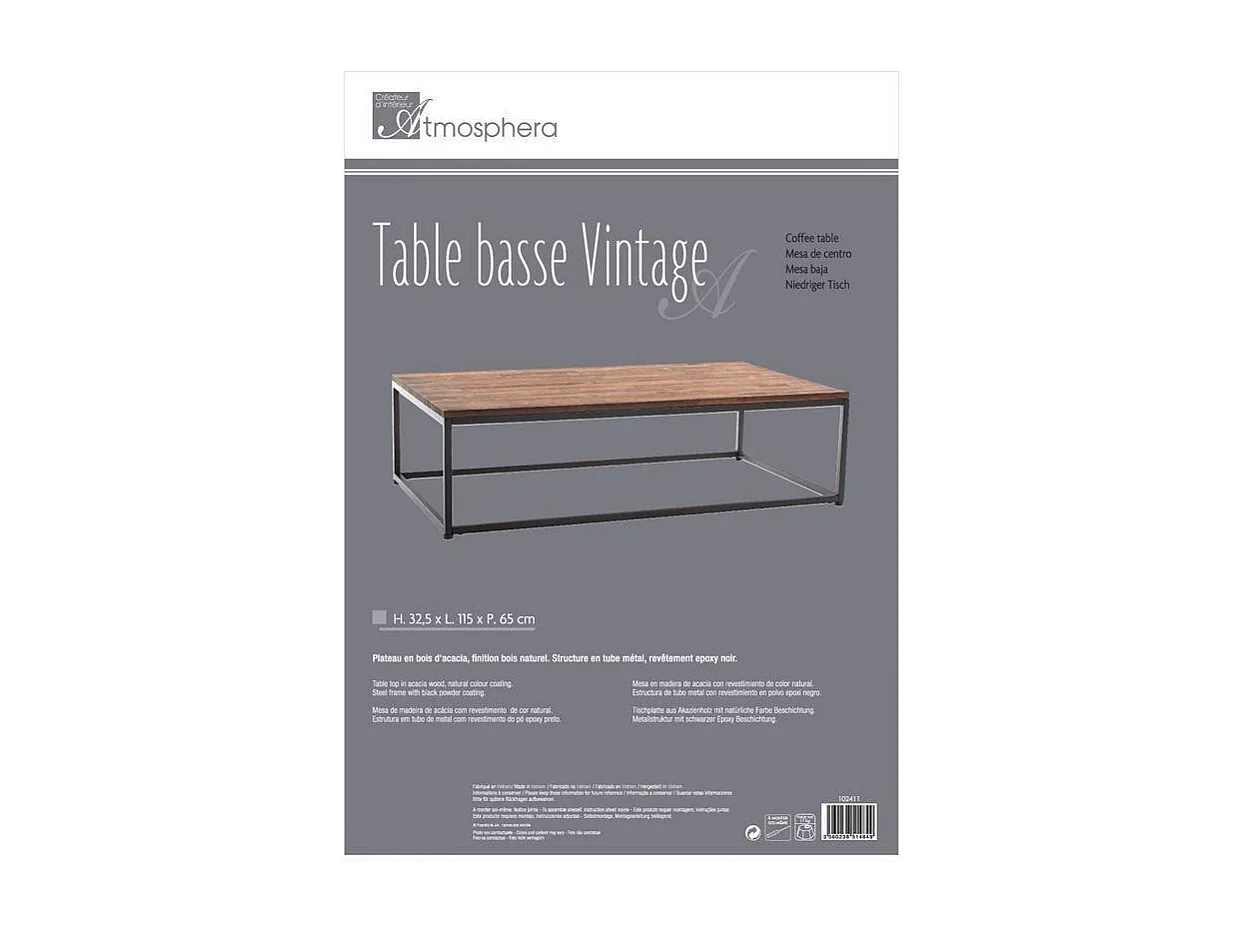 Table basse style industriel en Bois d' Acacia et Métal Noir 115 x 65 x H 32.5 cm