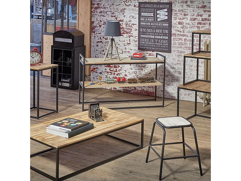 Table basse style industriel en Bois d' Acacia et Métal Noir 115 x 65 x H 32.5 cm