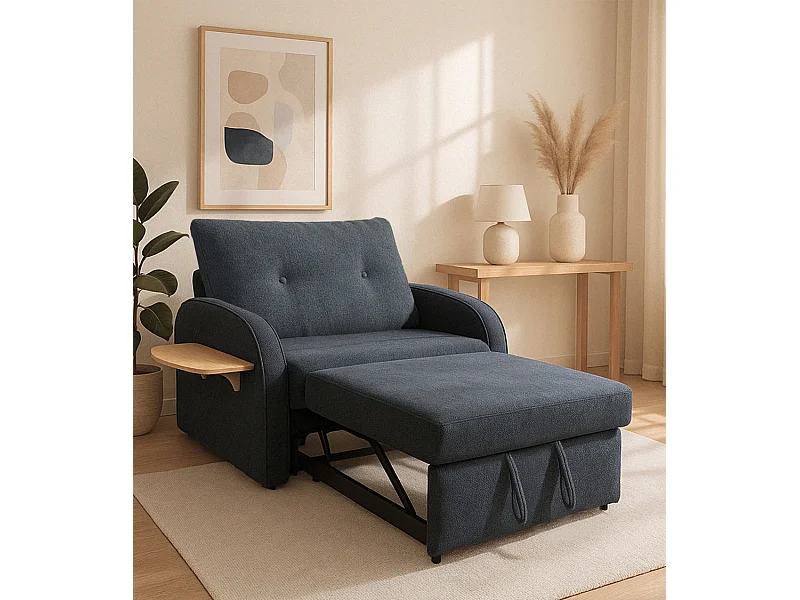 Sofá cama doble de 88x143-155x90-220 cm de tela en azul con bandeja lateral plegable Thor