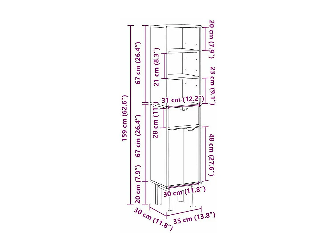 Armoire de salle de bain OTTA 35x30x159 bois massif de pin