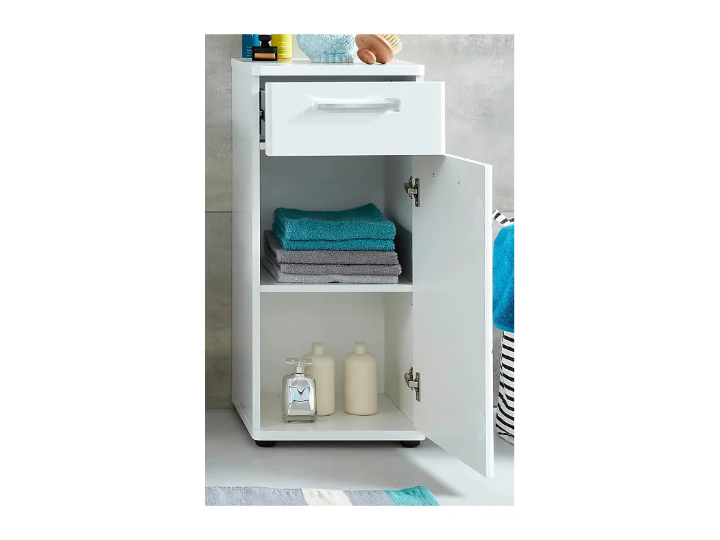 Rangement salle de bain 1 porte 1 tiroir mélaminé blanc Micko