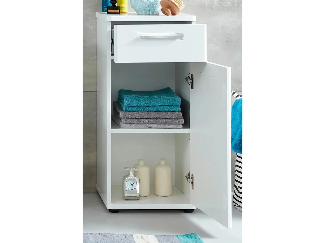 Rangement salle de bain 1 porte 1 tiroir mélaminé blanc Micko