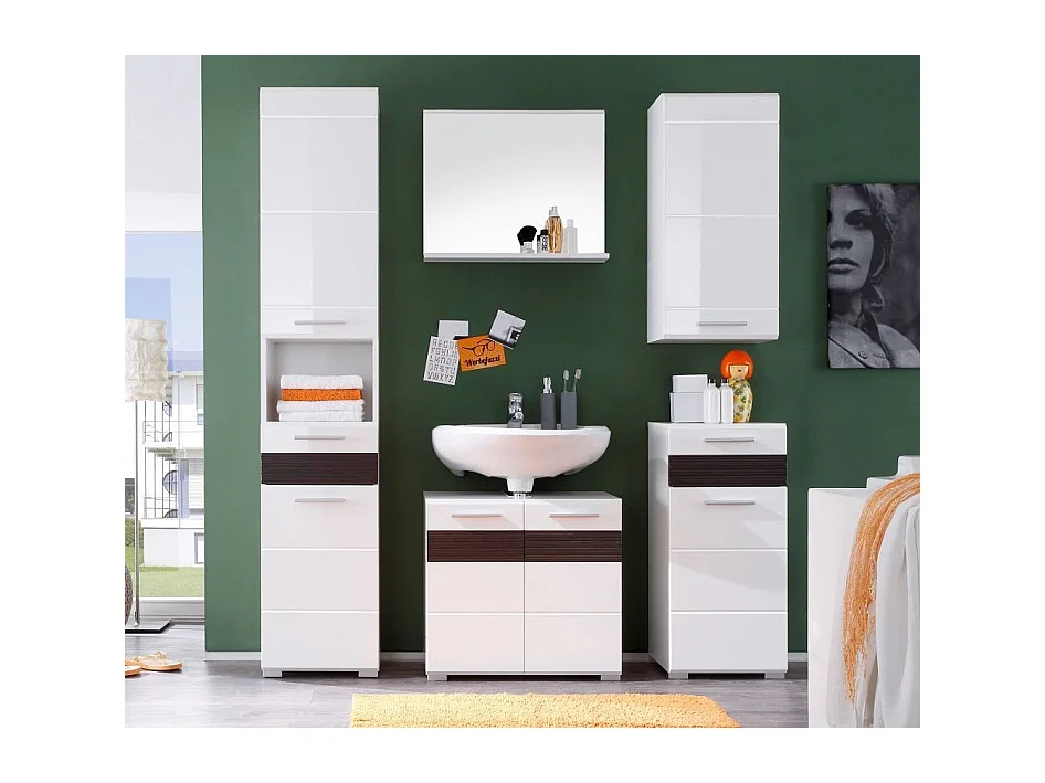 Rangement salle de bain 1 porte 1 tiroir blanc et chêne foncé Ivano