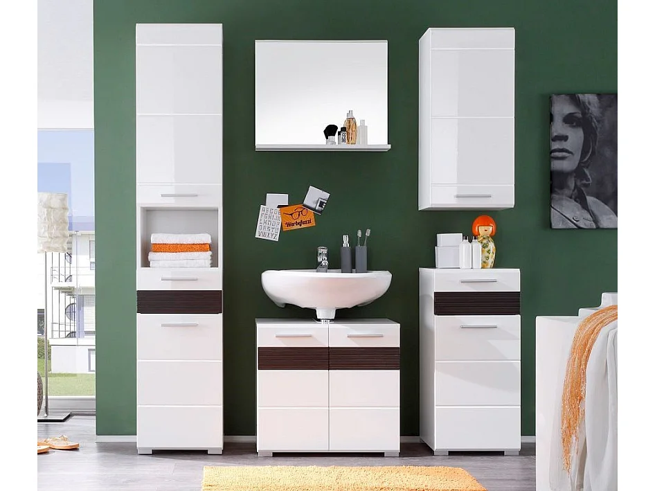 Rangement salle de bain 1 porte 1 tiroir blanc et chêne foncé Ivano