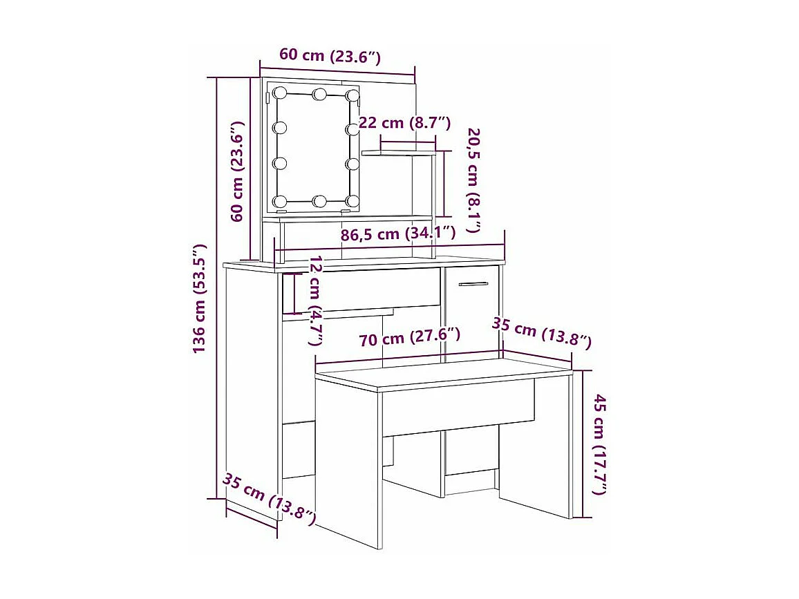 Ensemble de coiffeuse avec LED vieux bois bois d'ingénierie