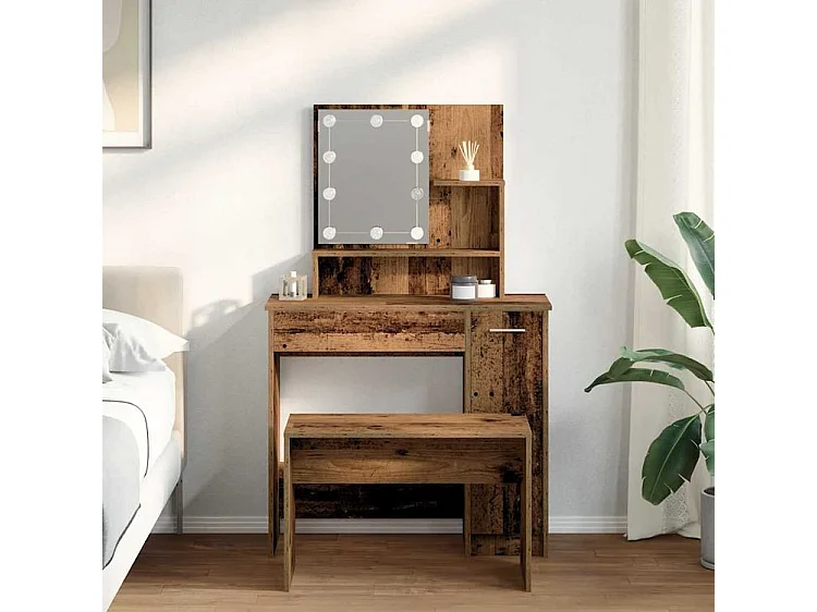 Ensemble de coiffeuse avec LED vieux bois bois d'ingénierie