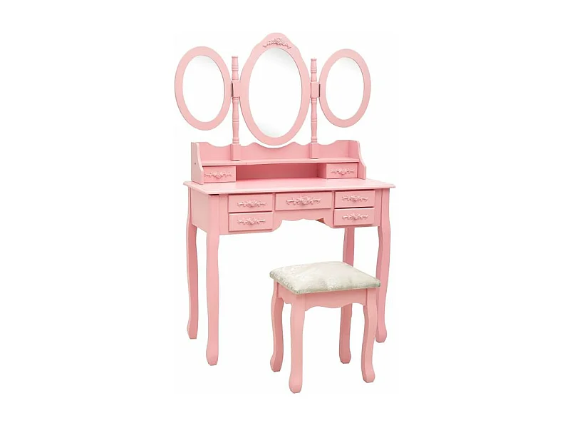 Coiffeuse avec tabouret et miroir pliable en 3 Rose