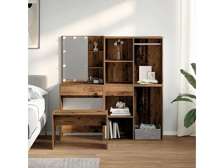 Ensemble de coiffeuse avec LED vieux bois bois d'ingénierie