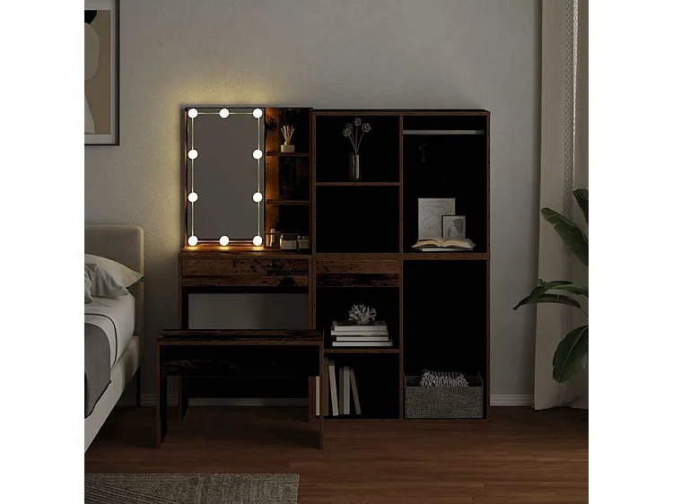 Ensemble de coiffeuse avec LED vieux bois bois d'ingénierie