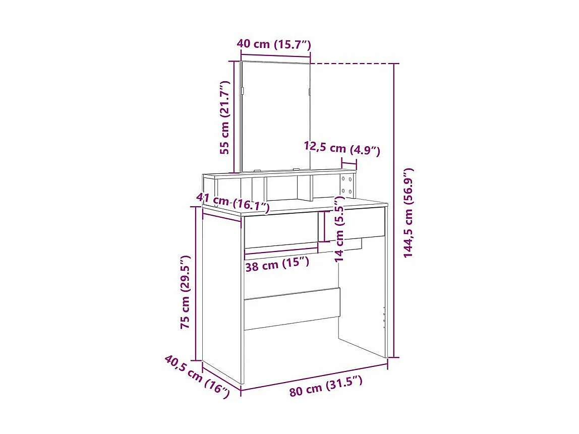 Coiffeuse avec miroir chêne fumé 80x41x144,5