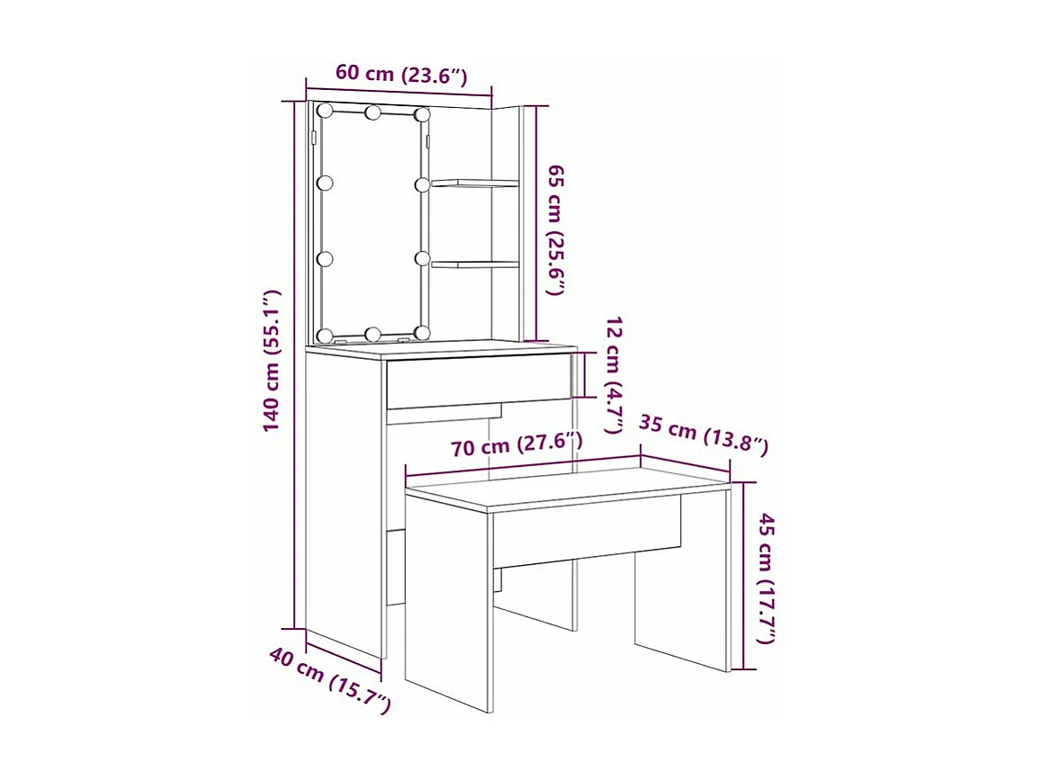Ensemble de coiffeuse avec LED vieux bois bois d'ingénierie
