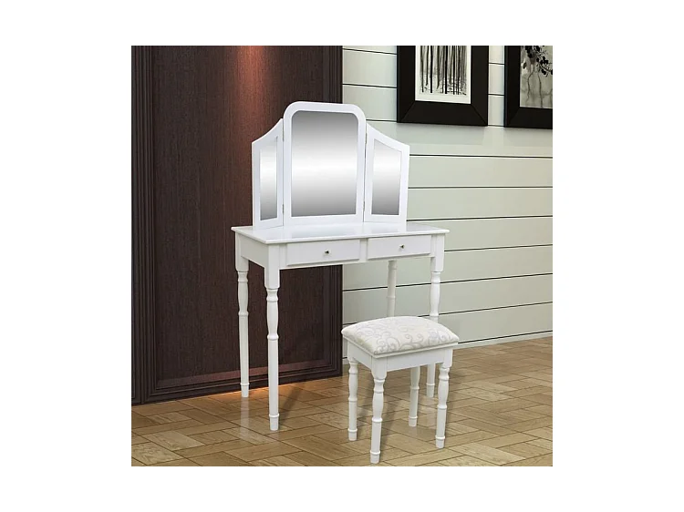 Coiffeuse avec miroir et tabouret 2 tiroirs Blanc