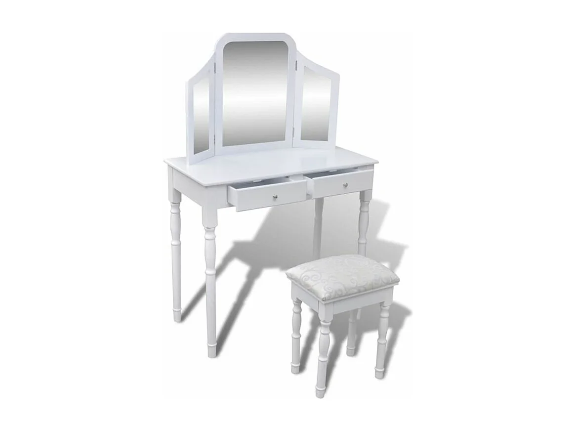 Coiffeuse avec miroir et tabouret 2 tiroirs Blanc