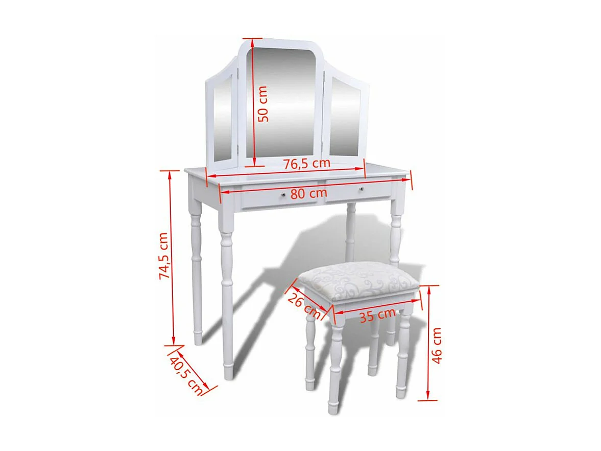 Coiffeuse avec miroir et tabouret 2 tiroirs Blanc