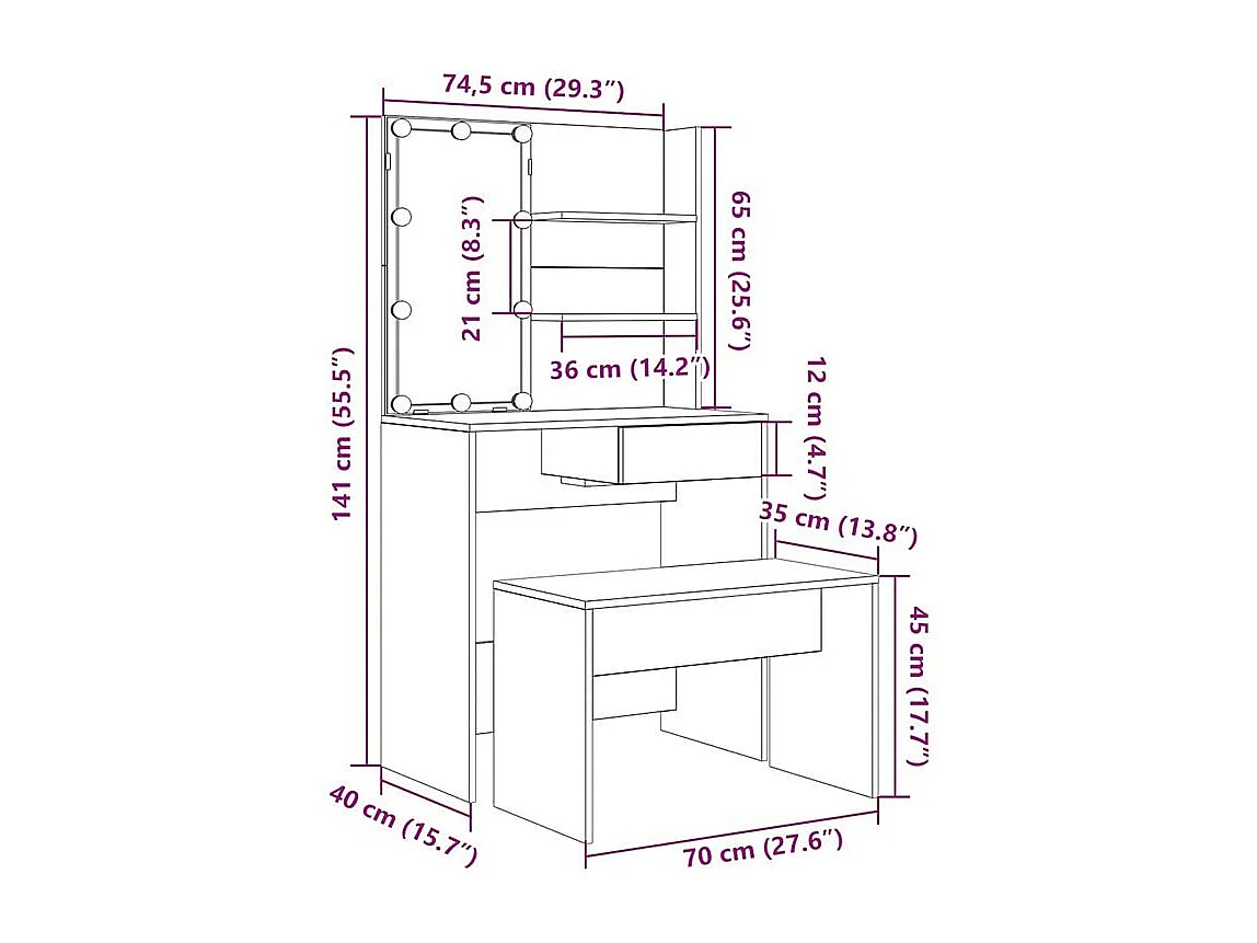 Ensemble de coiffeuse avec LED vieux bois bois d'ingénierie