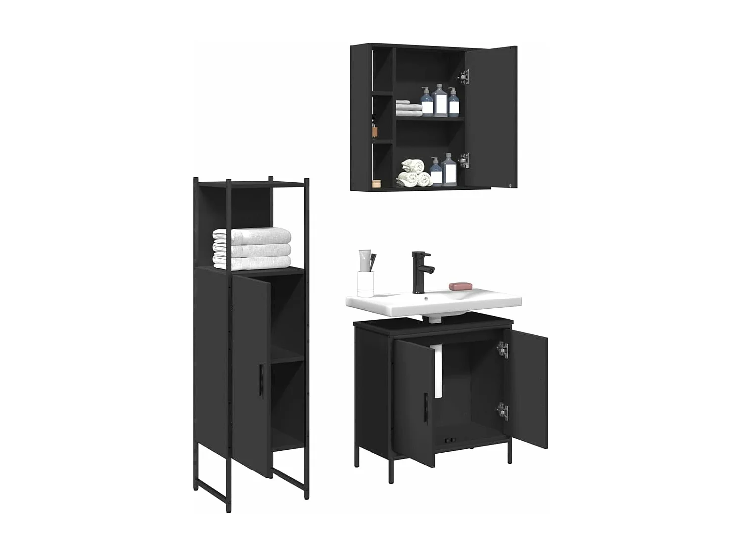 Ensemble d'armoires salle de bain 3 pcs noir bois d'ingénierie
