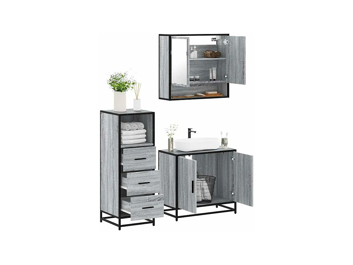 Ensemble de meubles de salle de bain 3 pcs Sonoma gris