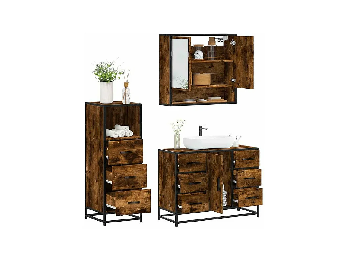 Ensemble de meubles de salle de bain 3 pcs Chêne fumé