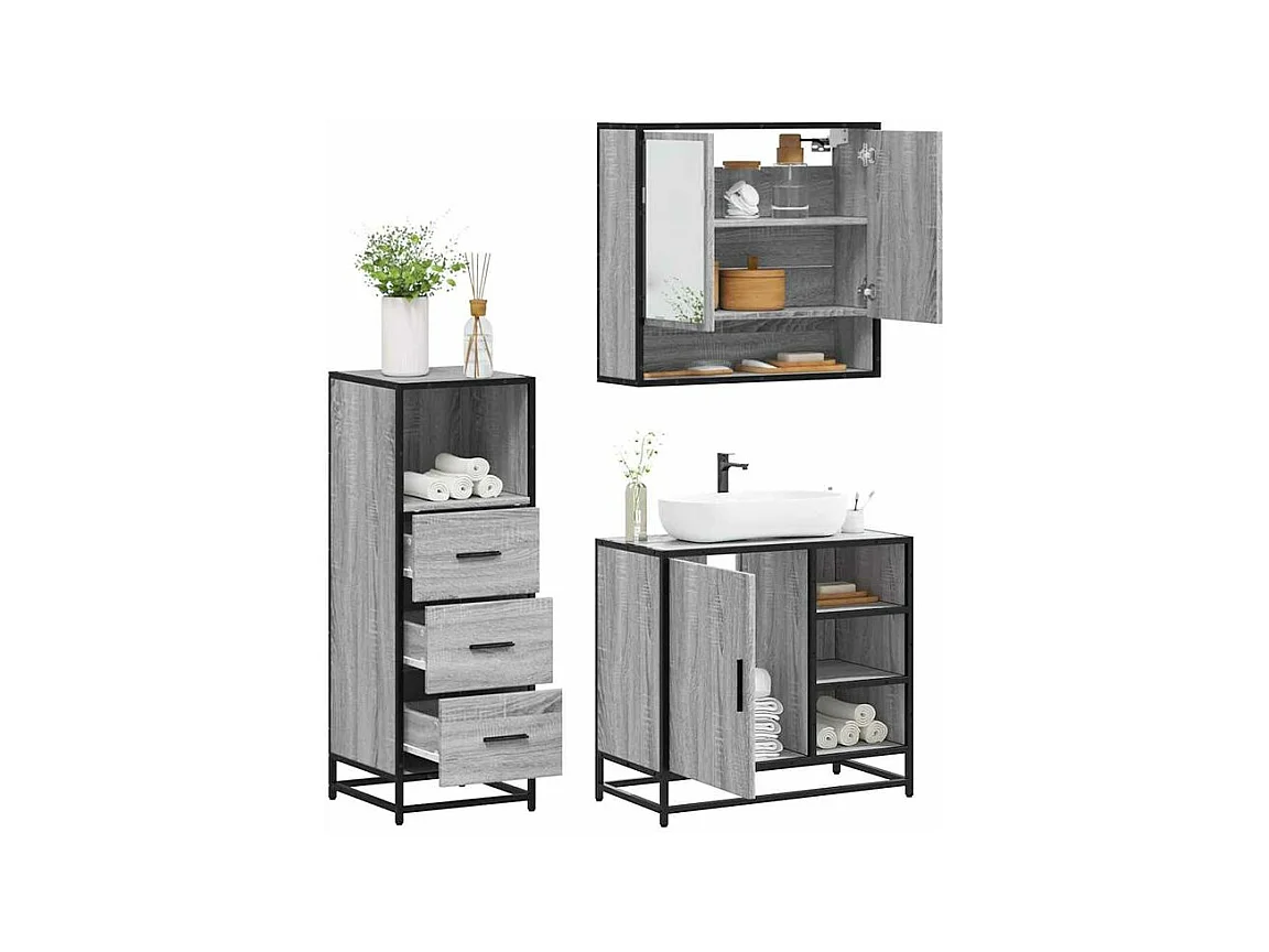 Ensemble de meubles de salle de bain 3 pcs Sonoma gris
