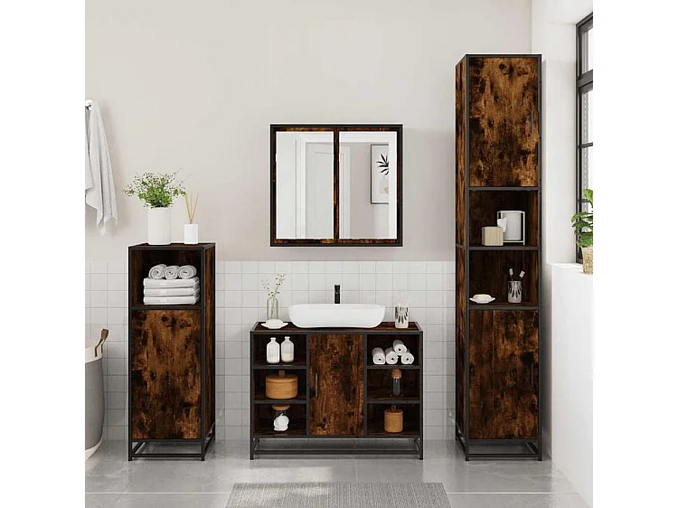 Armoire lavabo de salle de bain chêne fumé bois d'ingénierie