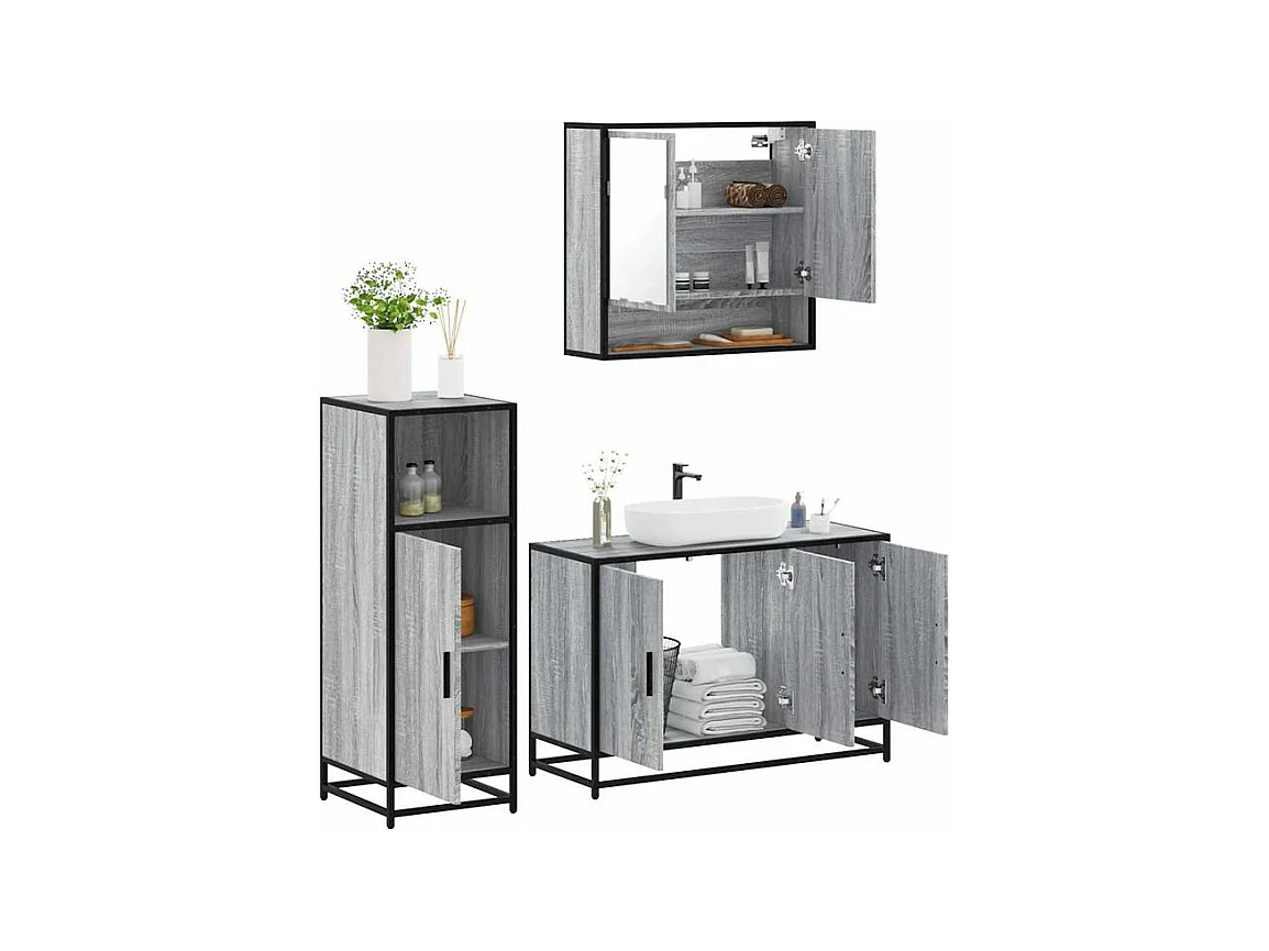 Ensemble de meubles de salle de bain 3 pcs Sonoma gris