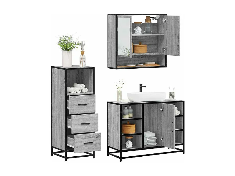 Ensemble de meubles de salle de bain 3 pcs Sonoma gris