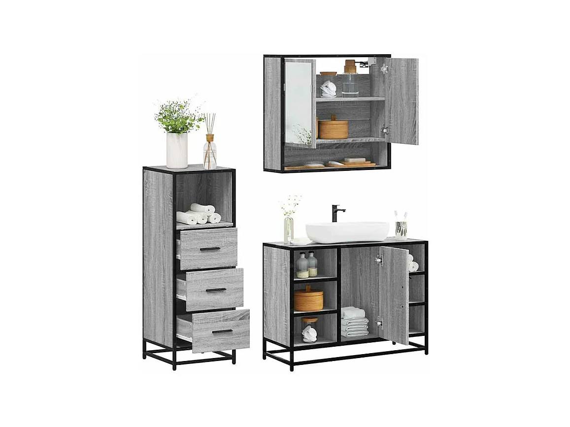 Ensemble de meubles de salle de bain 3 pcs Sonoma gris
