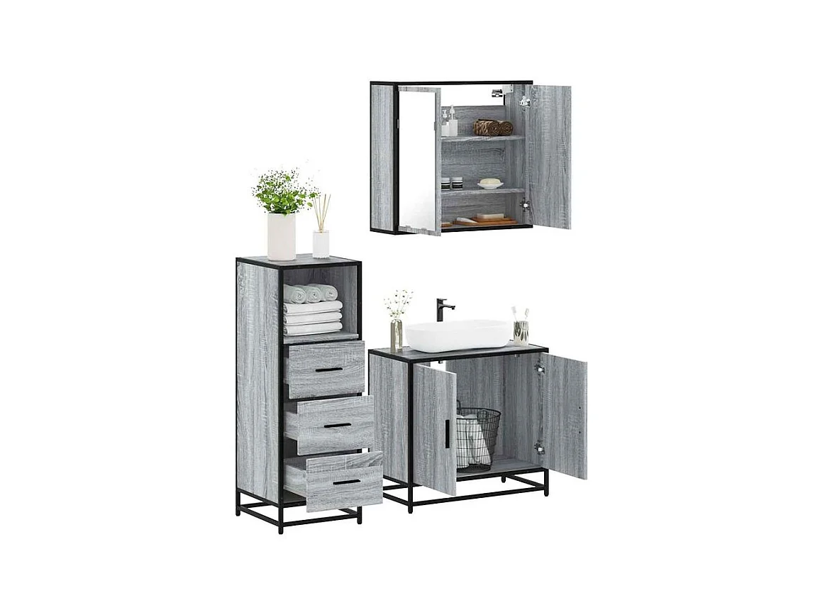 Ensemble de meubles de salle de bain 3 pcs Sonoma gris