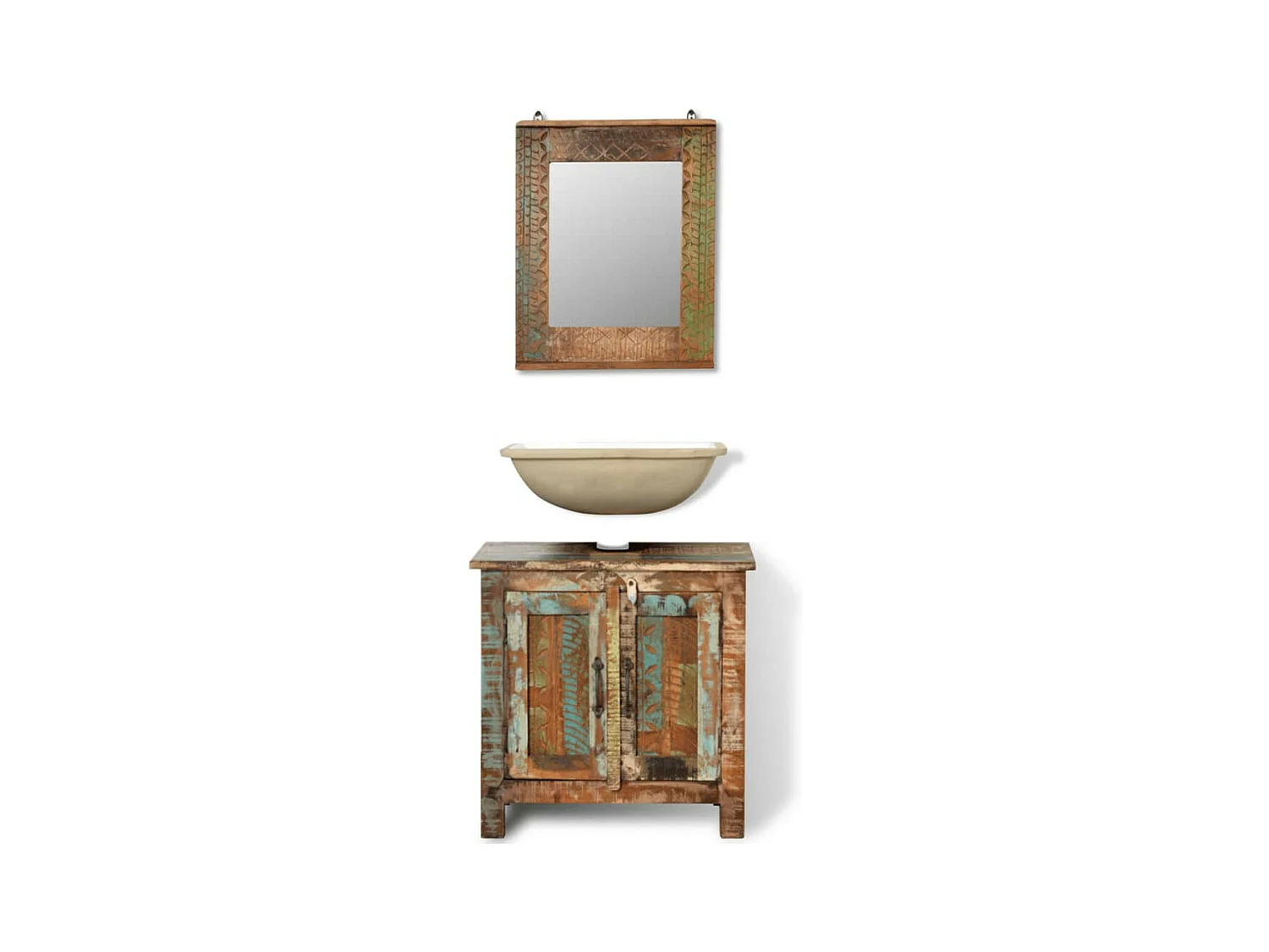 Ensemble meuble sous vasque et miroir en bois massif recyclé