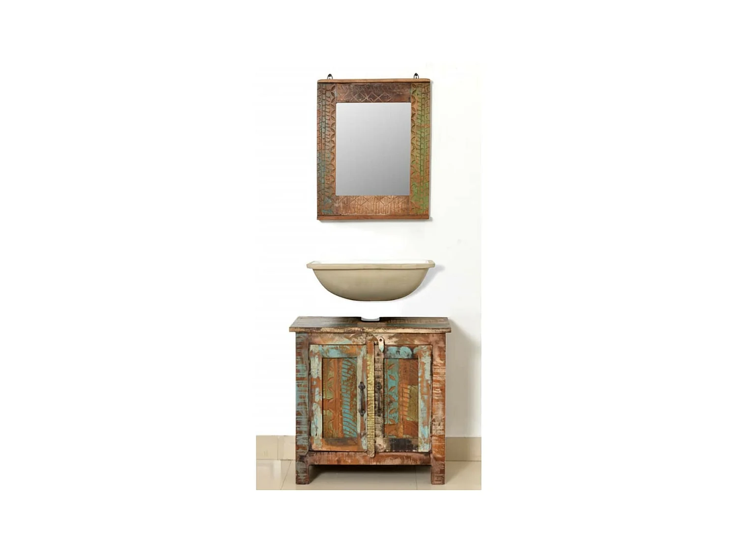 Ensemble meuble sous vasque et miroir en bois massif recyclé