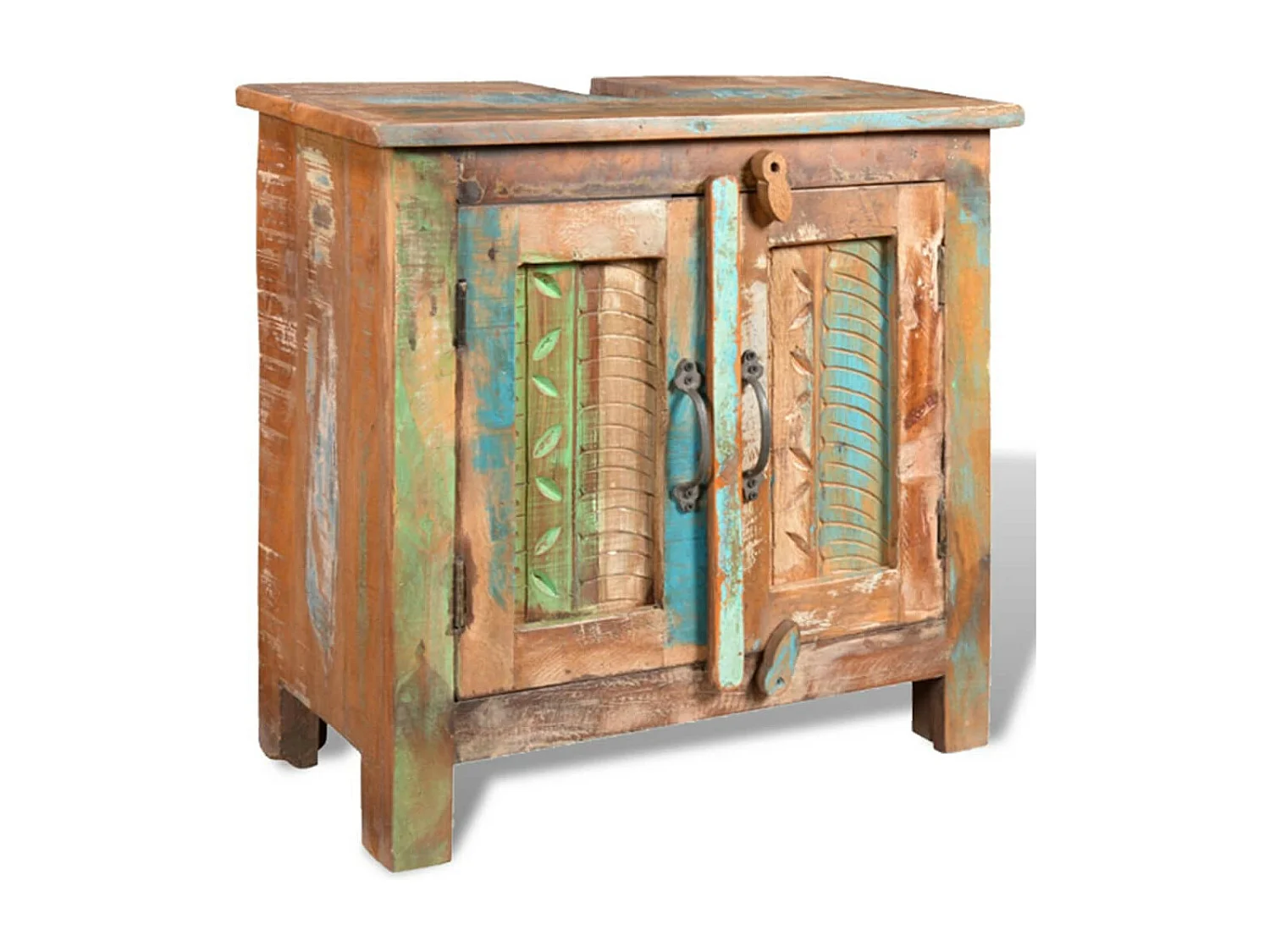 Ensemble meuble sous vasque et miroir en bois massif recyclé