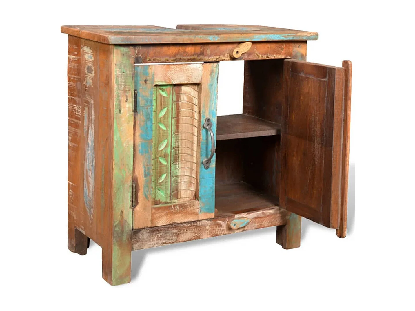 Ensemble meuble sous vasque et miroir en bois massif recyclé