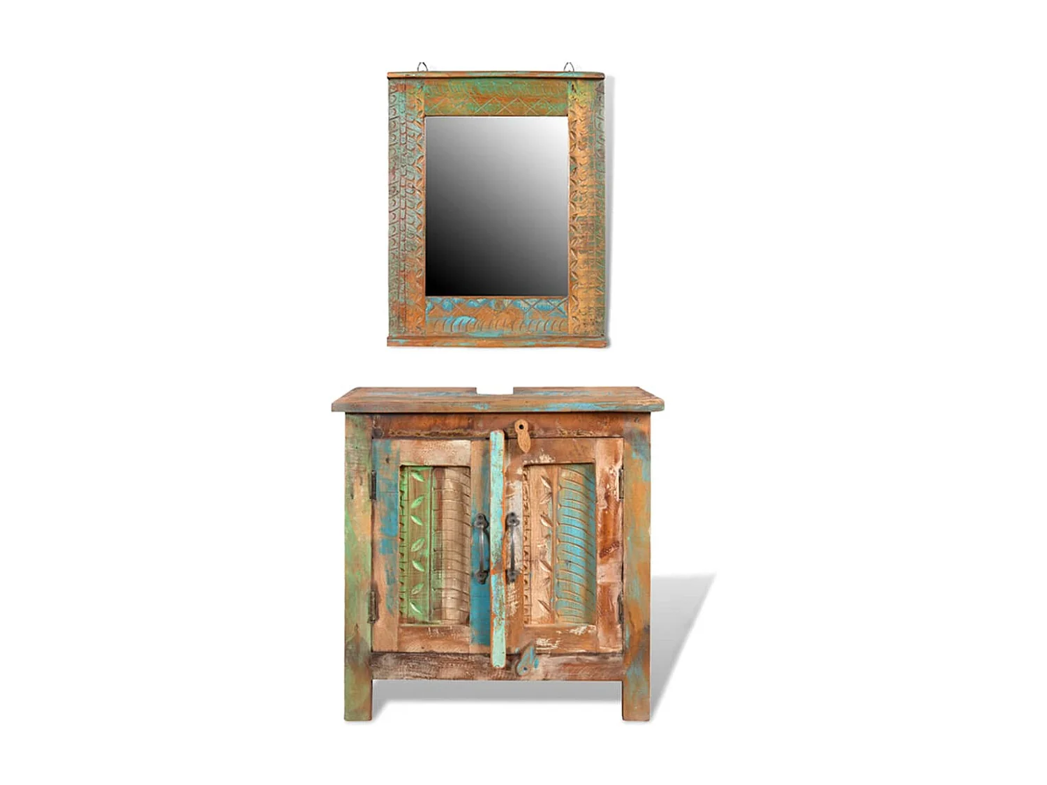 Ensemble meuble sous vasque et miroir en bois massif recyclé