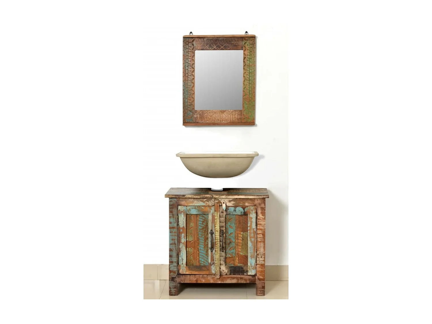 Ensemble meuble sous vasque et miroir en bois massif recyclé
